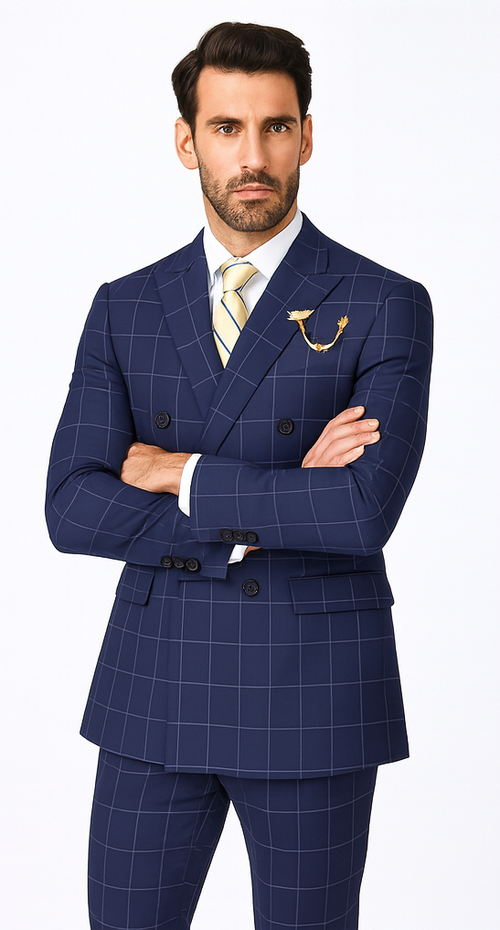 Naples Collection - Blue Modern Fit Double Breasted Windowpane Peak Lapel 2 Piece Suit