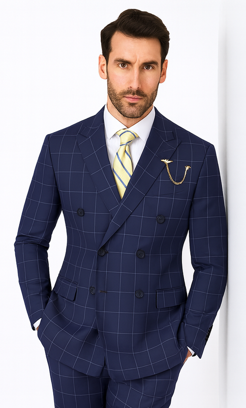 Naples Collection - Blue Modern Fit Double Breasted Windowpane Peak Lapel 2 Piece Suit