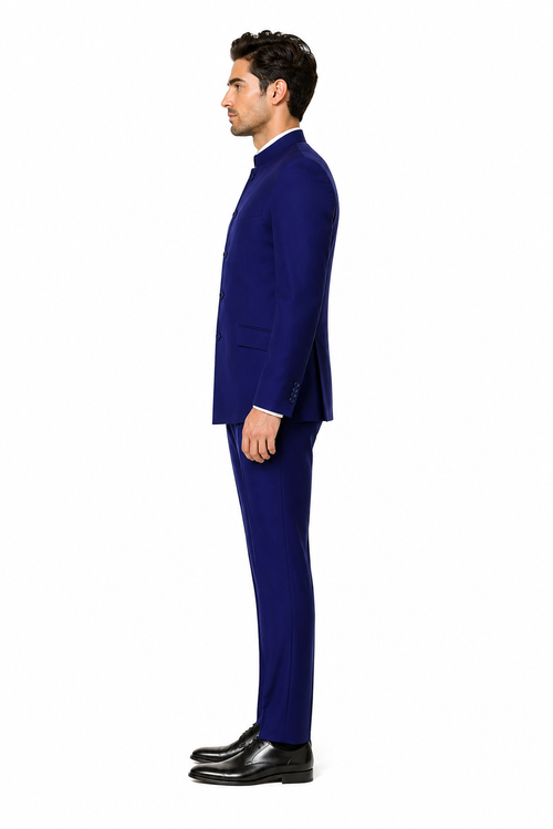 Navy Blue 4-Button Wedding Suit – Groom Suit with Banded Collar, Mandarin Style