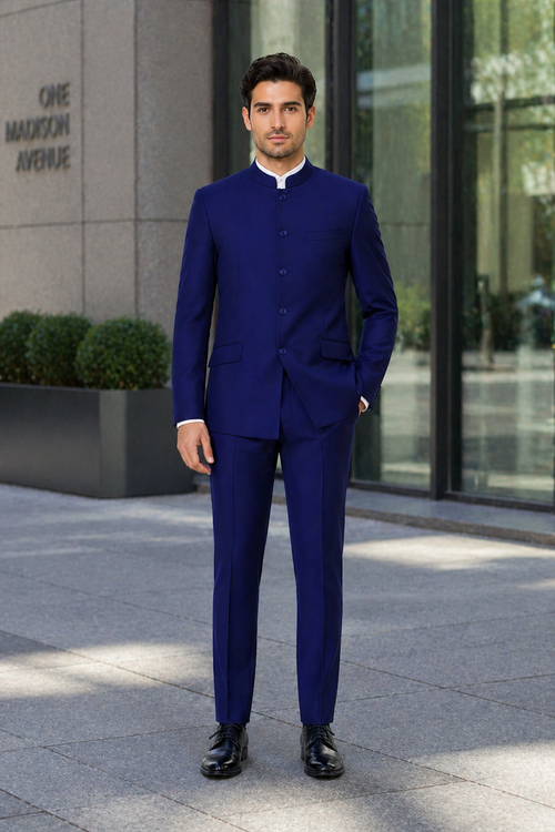 Navy Blue 4-Button Wedding Suit – Groom Suit with Banded Collar, Mandarin Style