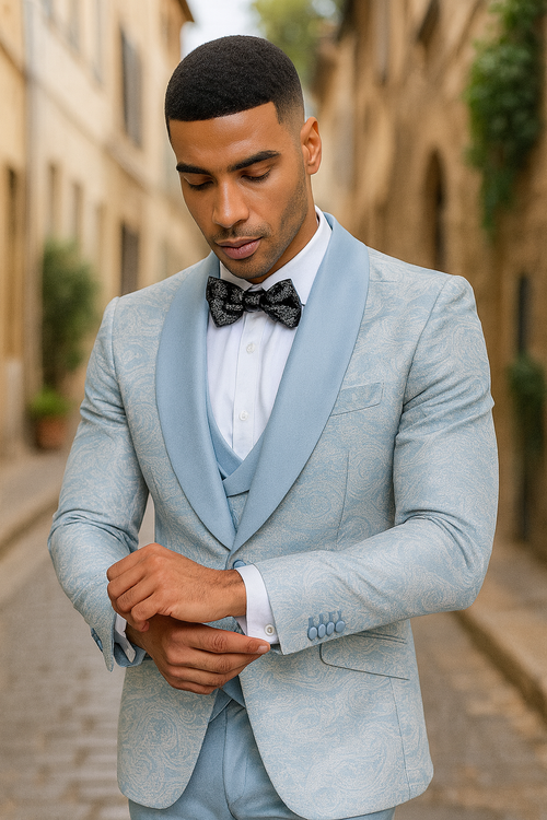 2025 Prom Special Blue Tuxedo Suit w/ Double-Breasted Vest by Tazzio
