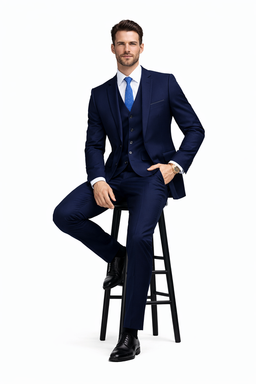 Mens 2 Button Skinny Vested Wool Navy Blue Suit