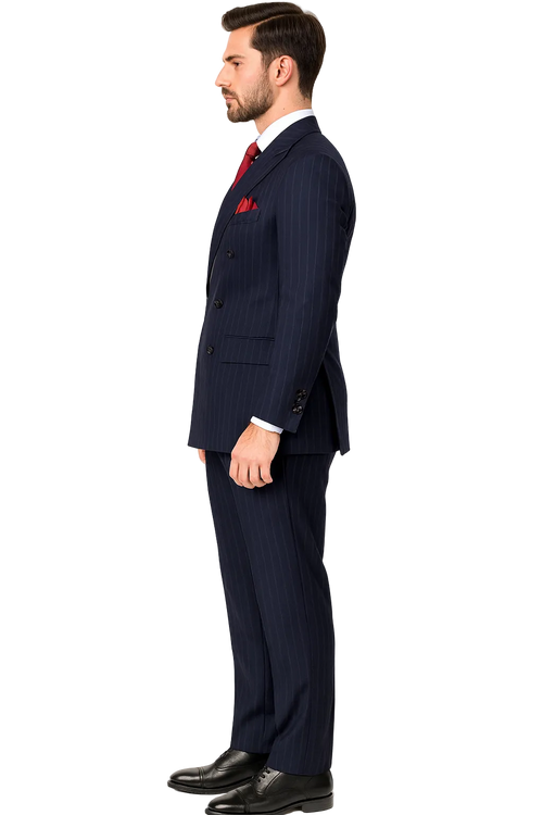 "Navy Pinstripe Wool Vested Suit - Men's Double Breasted Fashion"