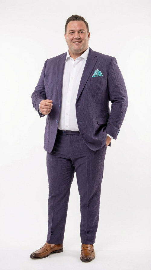 Mens Navy Blue Seersucker Suit – Cotton Fabric Shadow Pattern Ton on Tone Textured Two Button Notch Lapel Formal Summer Suit