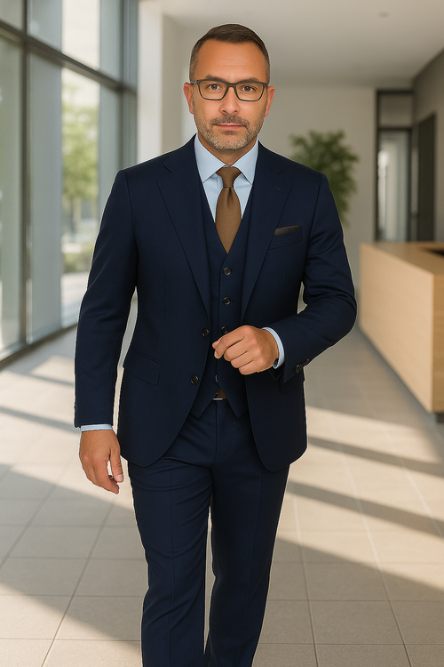 Wool Suit - Italian Made Business Suit by Statement Men's 3 Piece 100% Wool Fashion Suit - Herringbone Stripes