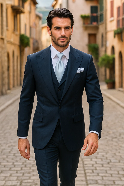 Navy suit with a classic fit: single-breasted jacket, three-piece vest. Pleated wide-leg pants crafted from 100% wool for a refined, structured silhouette.