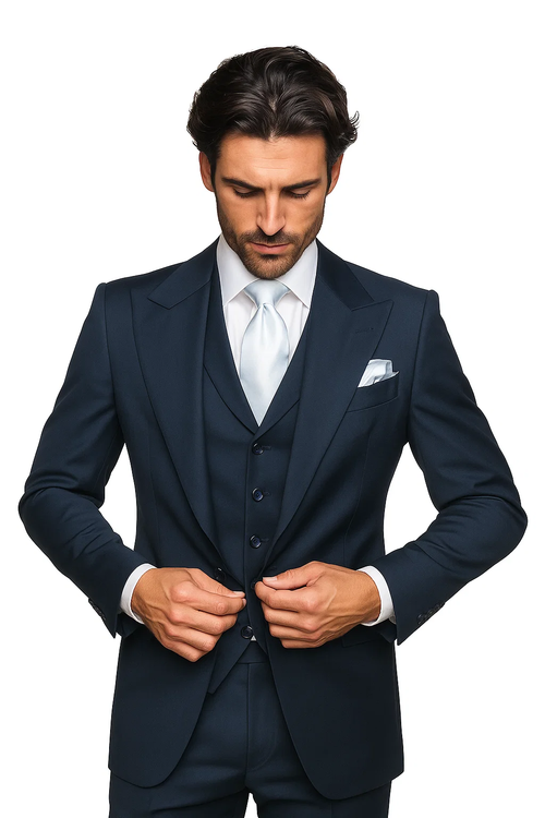 Navy, single-breasted wool suit with a classic fit. Three-piece: jacket, vest, trousers. Includes light tie and matching pocket square. 100% wool for a smooth texture.