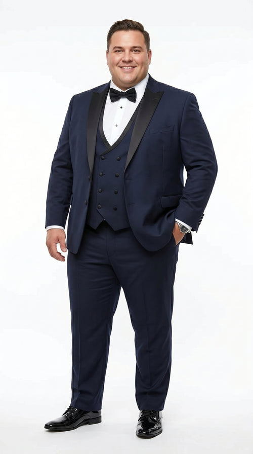 Men’s Navy 100% Wool Vested Tuxedo, Shawl Lapel Wedding Prom Formal Suit Set