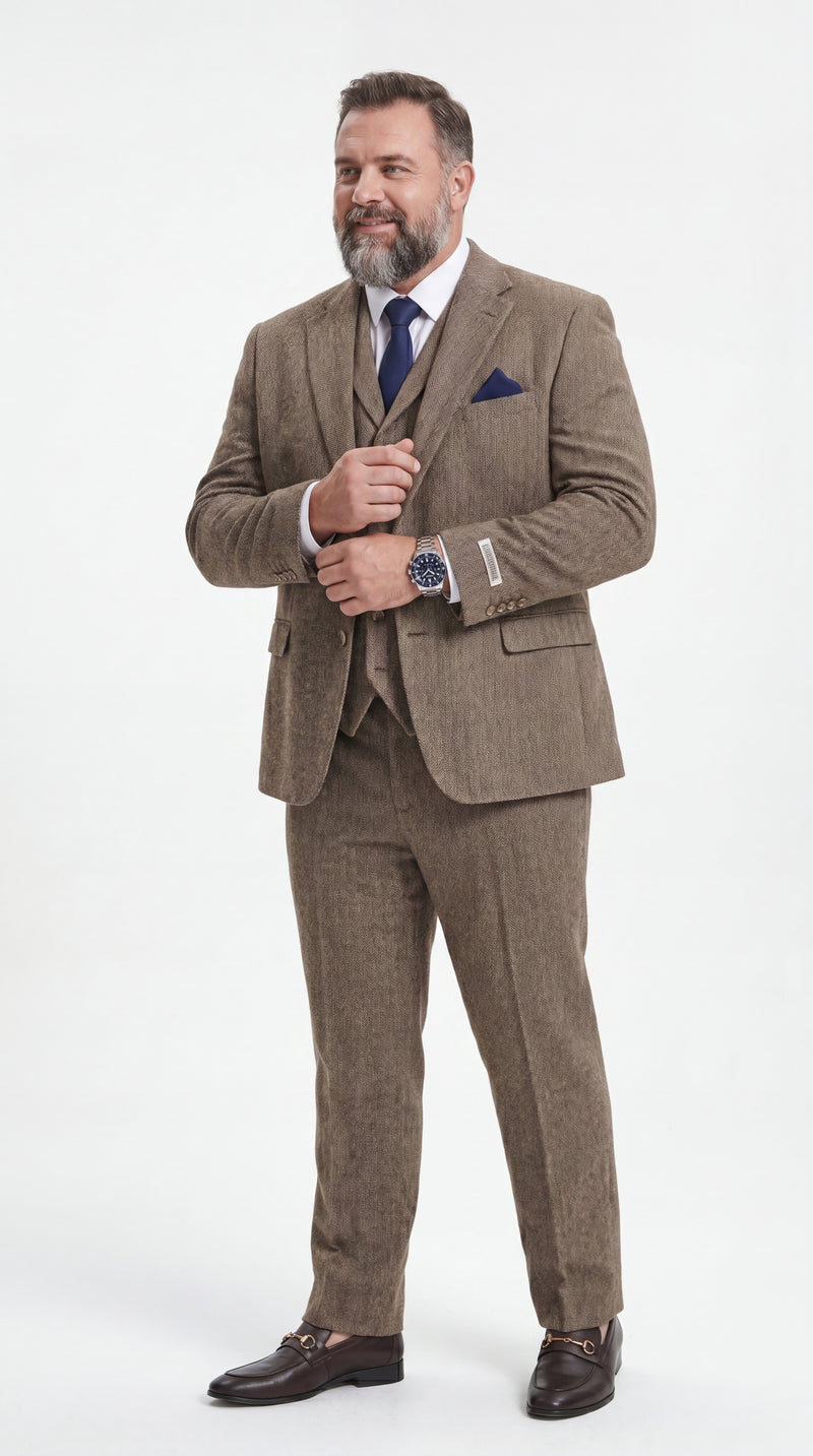 Stacy Adams Men’s Herringbone 3 Piece Hybrid Fit Suit, Formal Wedding Business Suit in Brown and Gray