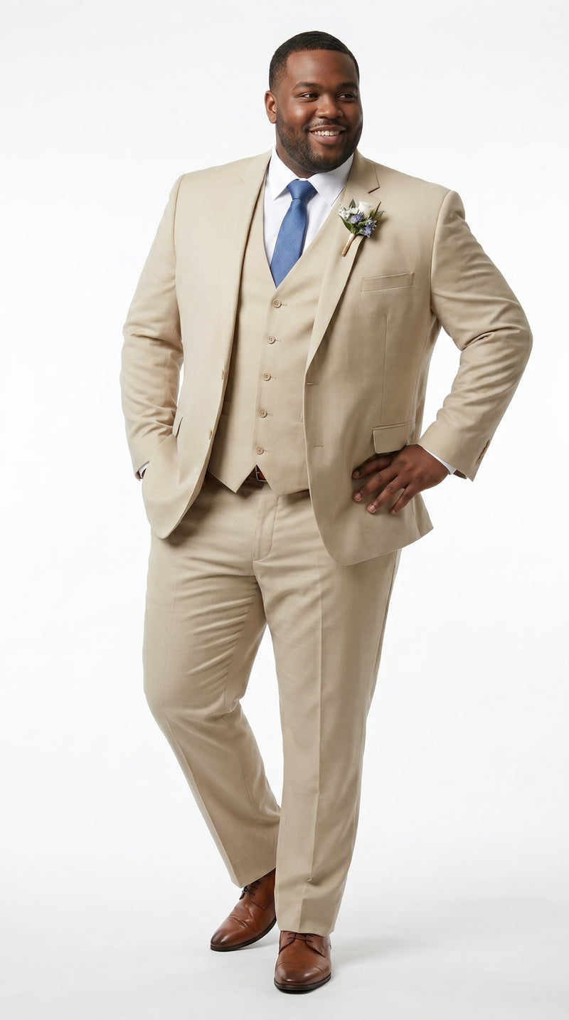 Men’s Tan Slim Fit 3 Piece Beach Wedding Suit with Vest, Summer Formal Dress Suit
