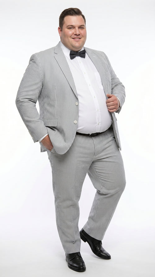Men’s Gray Seersucker Suit, Lightweight Summer Wedding Prom Dress Suit