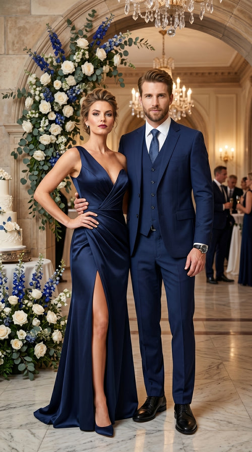 Men’s Navy 100% Wool Vested Tuxedo, Shawl Lapel Wedding Prom Formal Suit Set