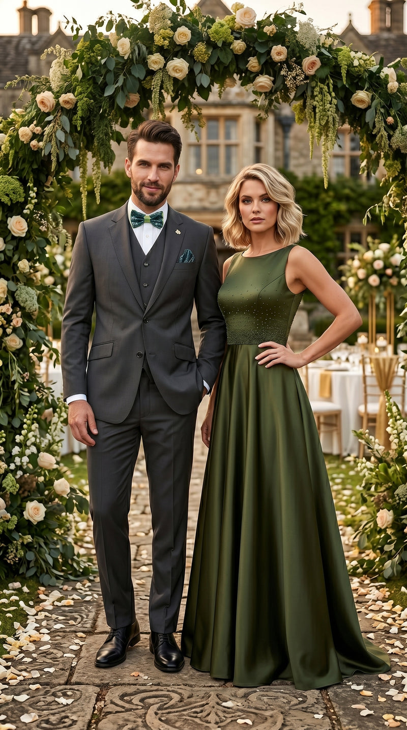 Statement Men’s Solid Olive 100% Wool Vested Suit, Formal Wedding Business 3 Piece Suit Set