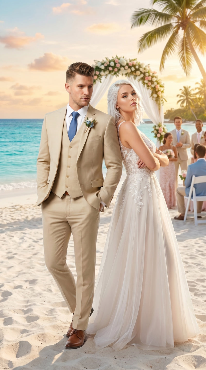 Men’s Tan Slim Fit 3 Piece Beach Wedding Suit with Vest, Summer Formal Dress Suit