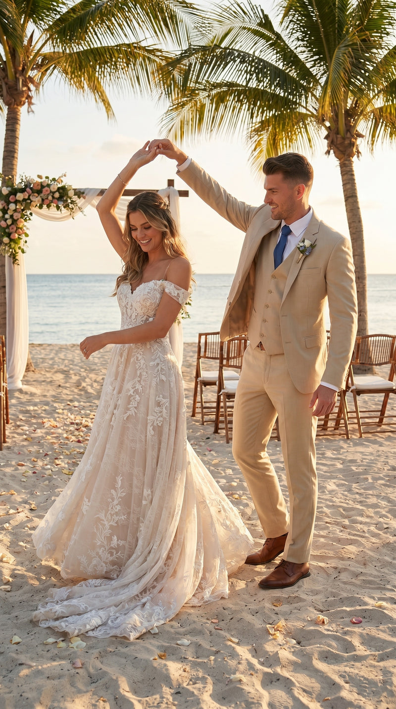 Men’s Tan Slim Fit 3 Piece Beach Wedding Suit with Vest, Summer Formal Dress Suit