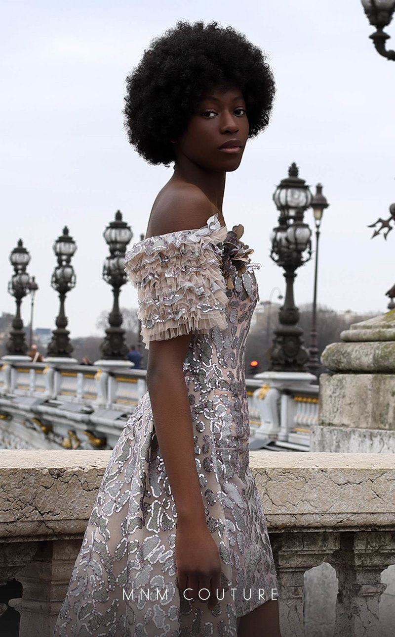 MNM Couture K4071 Off-Shoulder Glitter Gown with Detachable Overskirt