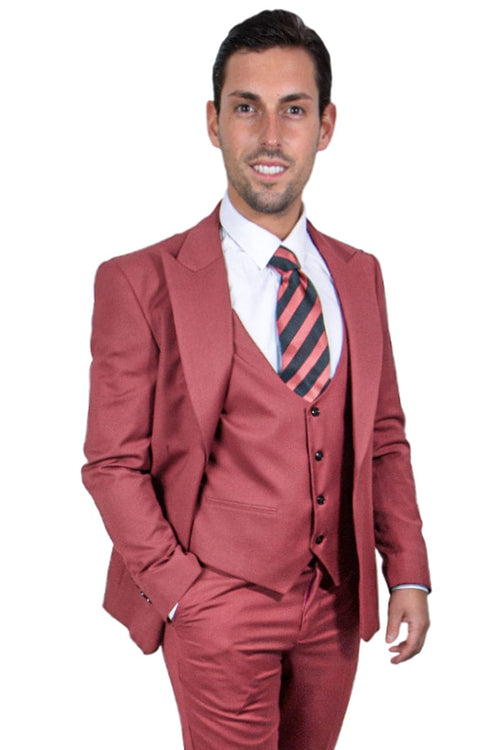 "Mens Stacy Adams Suit - Stacy Adams Suit Men's Coral Blush Pink Suit with Vested One Button Peak Lapel"
