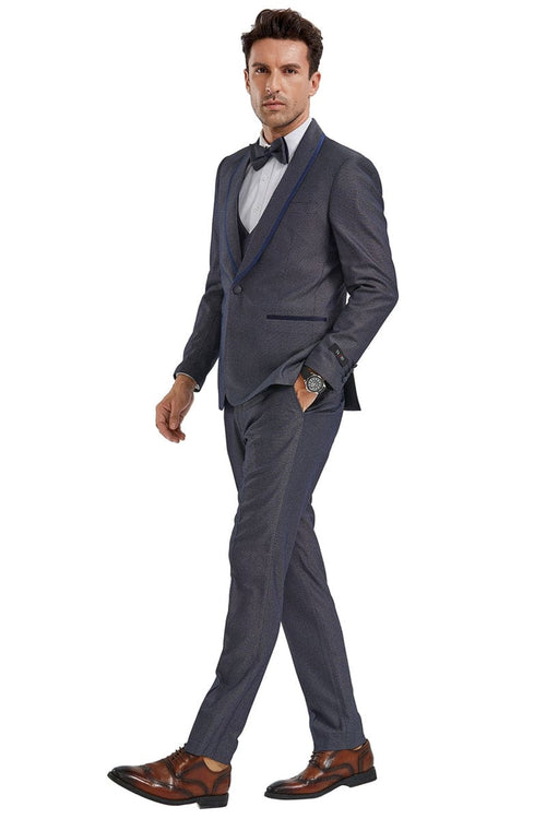"Grey Birdseye Men's Shawl Tuxedo with Blue Trim - One Button Vested"