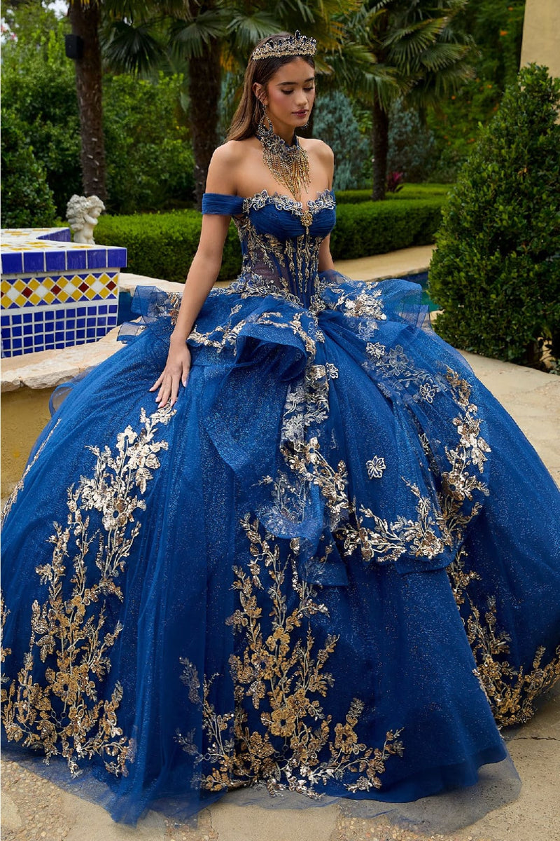 Navy and Gold Quince Dress Off Shoulder Ruffled Ball Gown by GLS Gloria GL3552