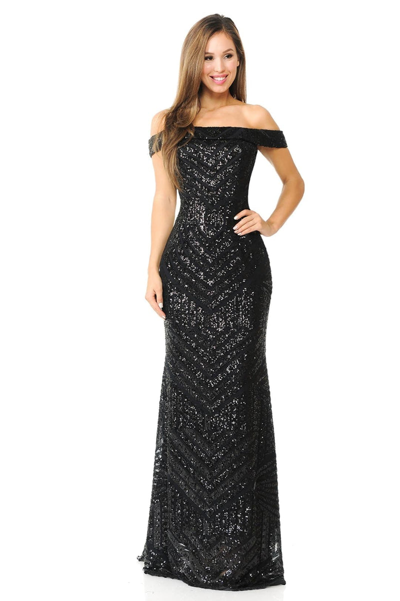LENOVIA 5224 Off Shoulder Sequined Long Formal Dress
