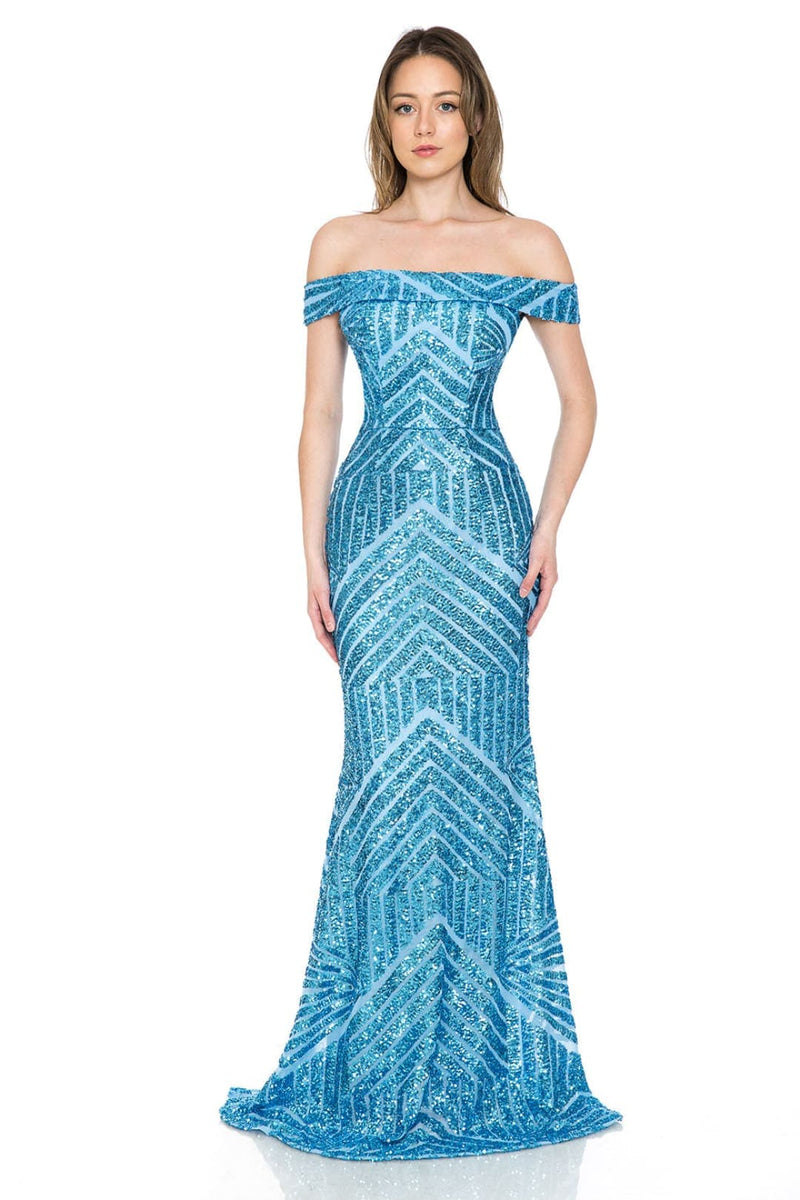 LENOVIA 5224 Off Shoulder Sequined Long Formal Dress