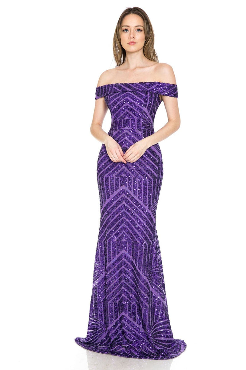 LENOVIA 5224 Off Shoulder Sequined Long Formal Dress