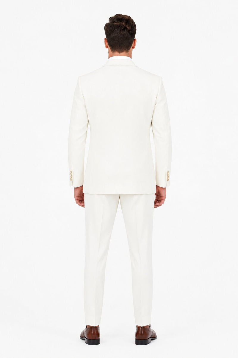 Men's Off White Statement Ticket Pocket Peak Lapel Wool Double Breasted Vest Suit with Gold Buttons – Modern Fit