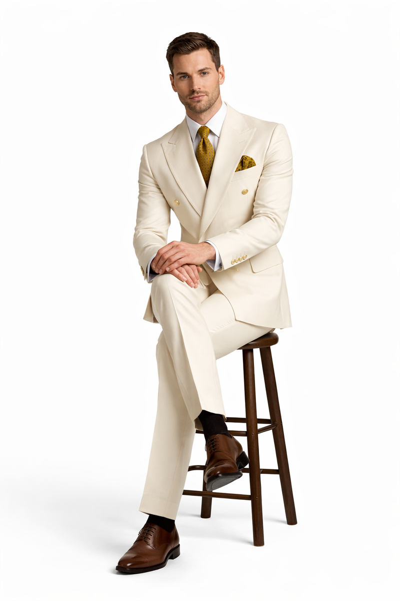 Off White - Ivory - Cream Color White Double Breasted Stylish Peaked Lapel Men Suits