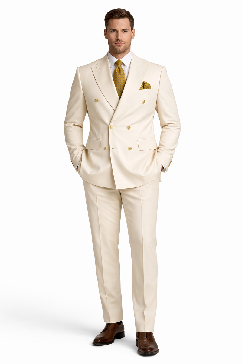 Off White - Ivory - Cream Color White Double Breasted Stylish Peaked Lapel Men Suits