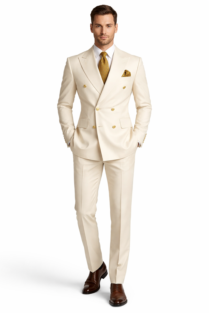Off White - Ivory - Cream Color White Double Breasted Stylish Peaked Lapel Men Suits