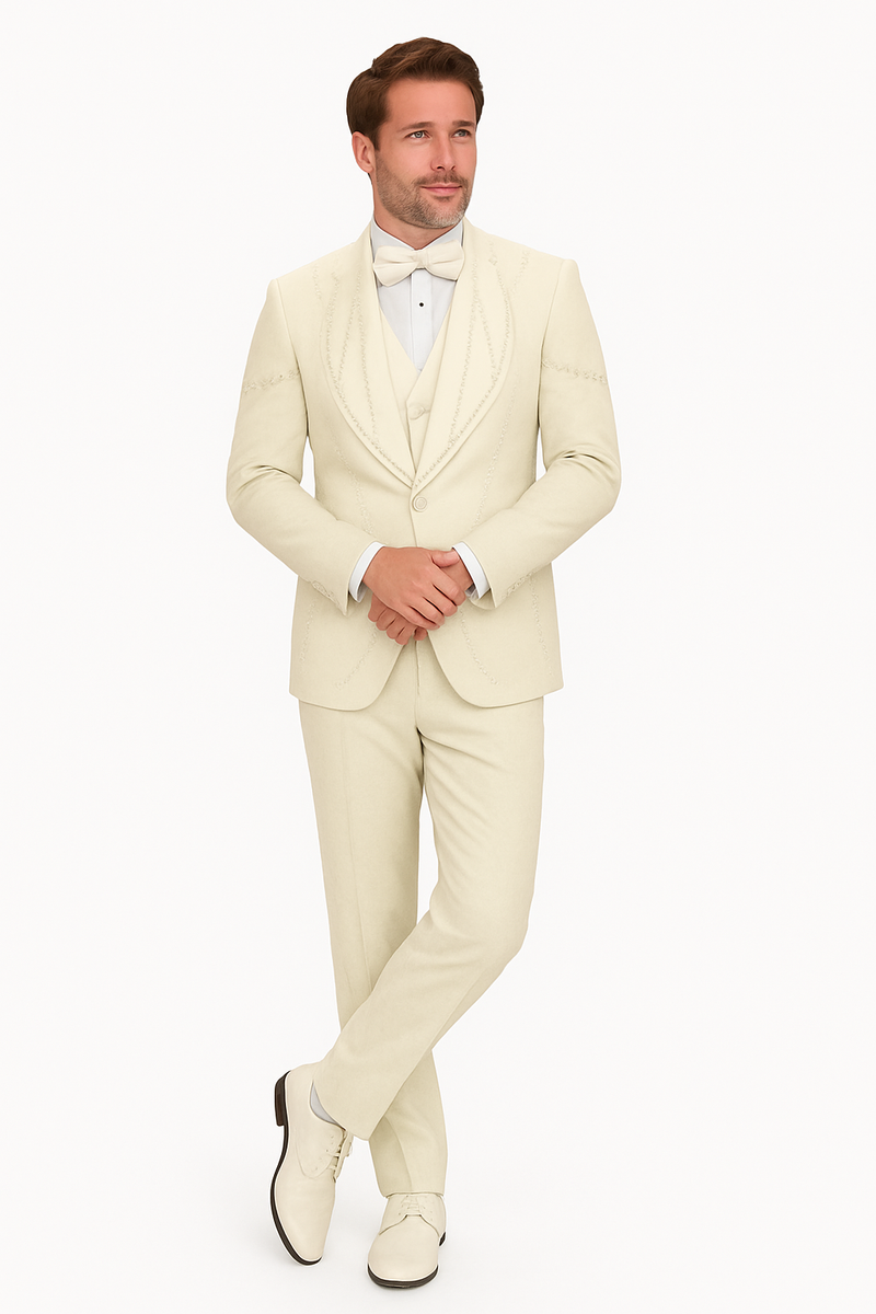 Off-white Alberto Nardoni Italian wool tuxedo. Modern fit, tailored blazer, vest & trousers. Notch lapel, single-button closure. Flat-front, slim-cut trousers. Includes bow tie, white dress shirt. Luxurious wool blend.