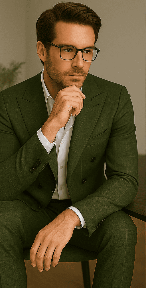 Wool Suit - Italian Made Business Suit by Statement Men's 100% Wool 2 Piece Suit - Double Breasted Windowpane