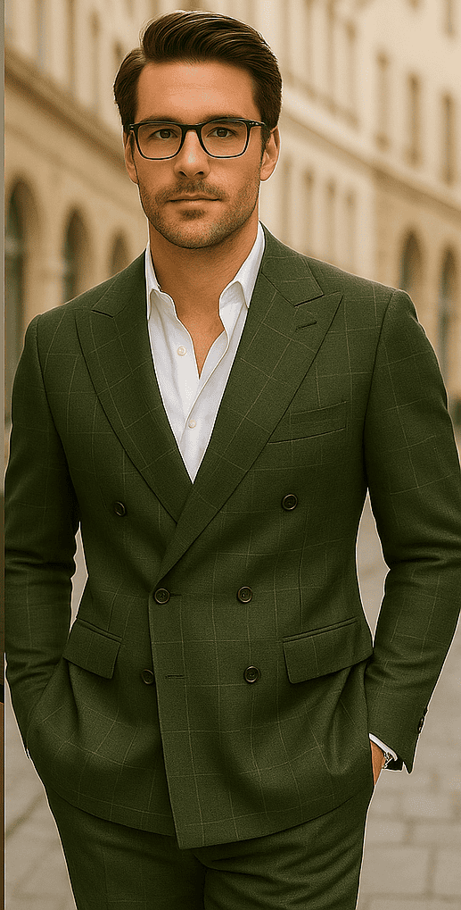 Wool Suit - Italian Made Business Suit by Statement Men's 100% Wool 2 Piece Suit - Double Breasted Windowpane