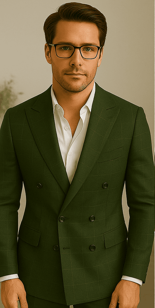 Wool Suit - Italian Made Business Suit by Statement Men's 100% Wool 2 Piece Suit - Double Breasted Windowpane
