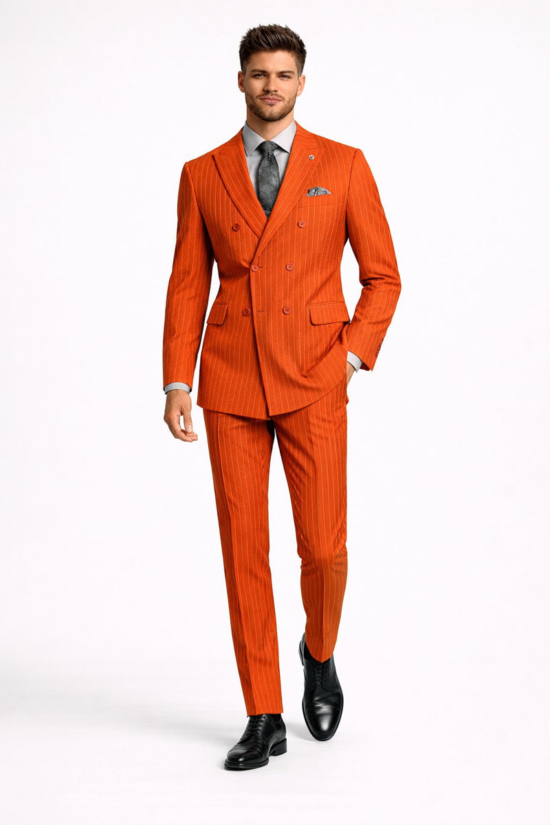 Mens Slim Fit Orange Pinstripe Canyon Clay Double Breasted Suit – Modern Designer Formal Suit