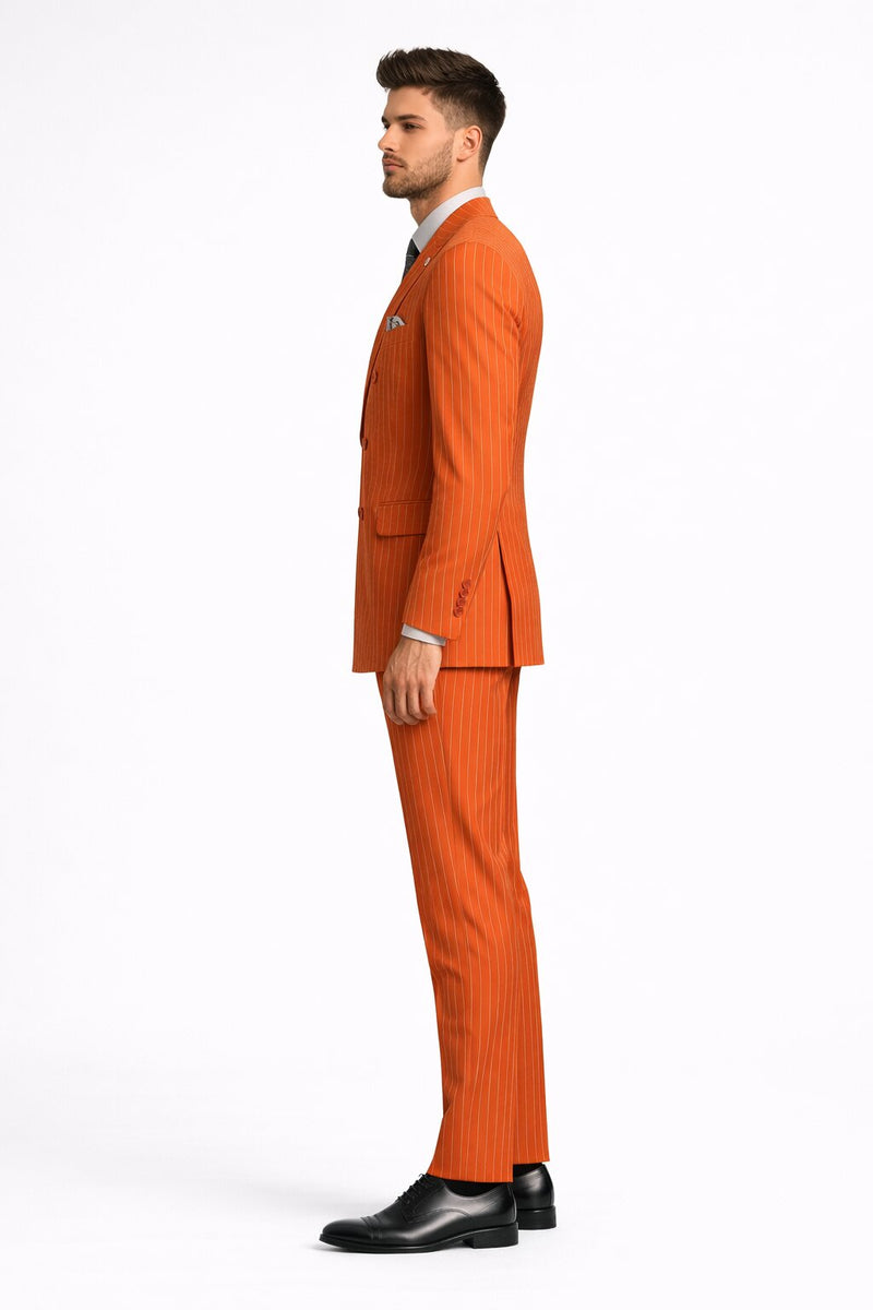 Mens Slim Fit Orange Pinstripe Canyon Clay Double Breasted Suit – Modern Designer Formal Suit