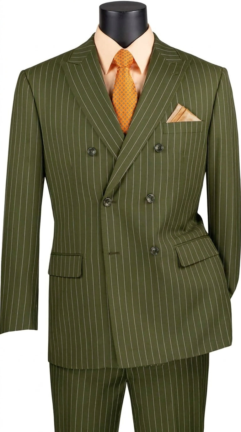 Men’s Olive Green Pinstripe Double-Breasted Suit – Classic Wedding, Business and Formal Suit