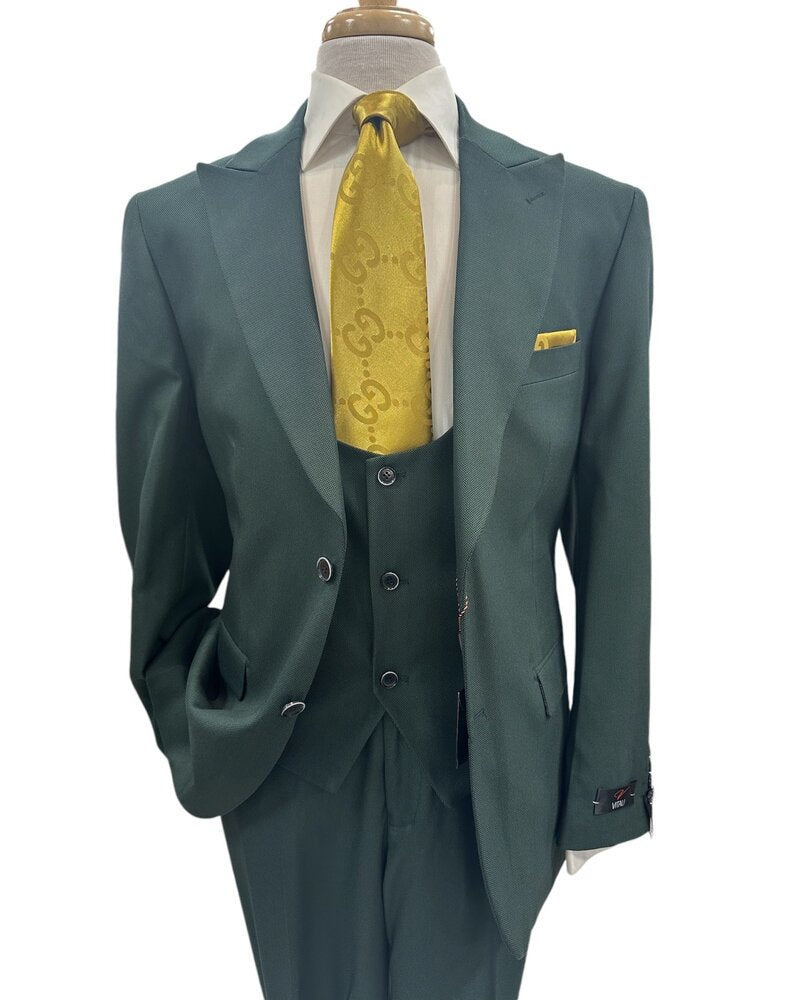 Mens Vitali 3 Piece Suit W/Scoop Vest Hunter Green 3-Piece Suit –, Big Peak Lapel Vest and Pants Modern Fit Two Buttons