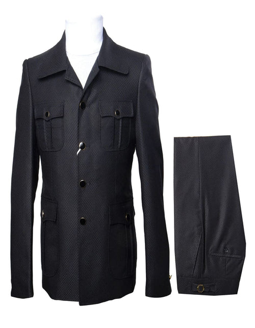 Men's Black Safari Suit with Textured Utility Jacket and Matching Trousers - Casual Walking Suit by Rossiman