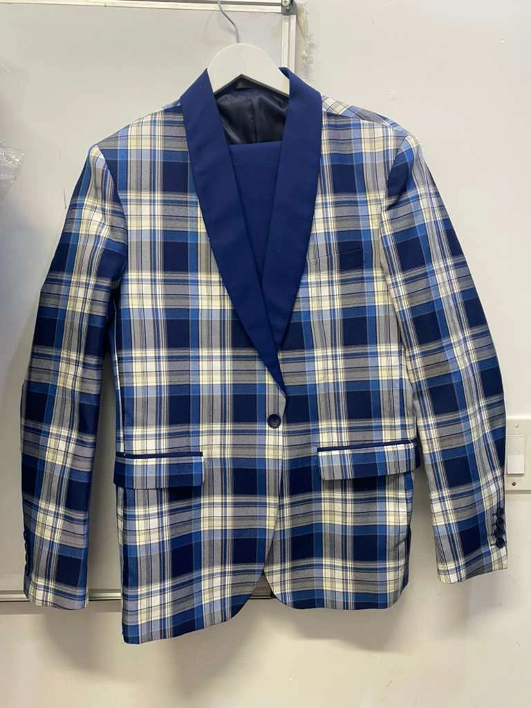 Men’s Tartan Blue Plaid and Solid Blue Tuxedo – Modern Check Pattern Formal Suit for New Year - Christmas - Holiday Jacket with Pants
