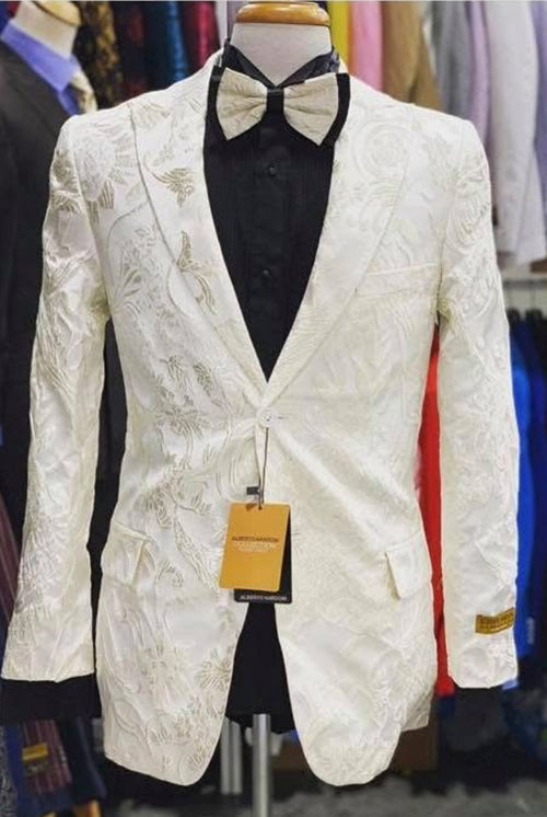 Ivory men's tuxedo jacket with floral embroidery, single-button closure, and notch lapels. Includes a black shirt. Smooth, glossy fabric enhances the detailed floral patterns and brand tag.