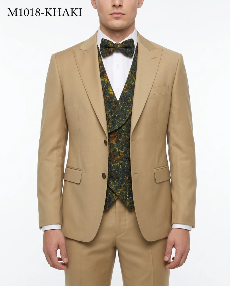 Men’s Khaki 3 Piece Suit with Patterned Vest, Great Gatsby Inspired Formal Suit for Weddings, Mardi Gra in Tan Camel Color