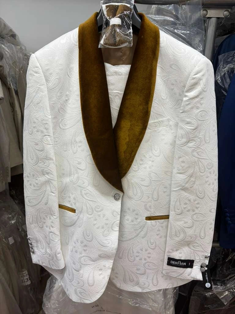 Men’s White Paisley 3 Piece With Vest Prom Tuxedo with Gold Velvet Shawl Lapel, Formal Wedding Suit Set