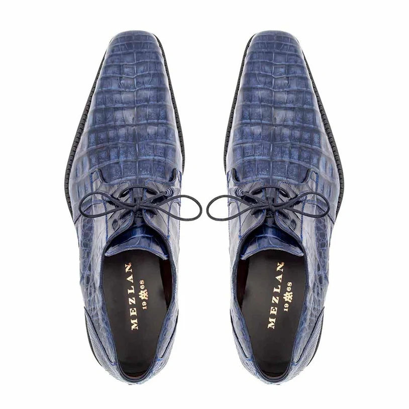 Mezlan Blue Crocodile Alligator Embossed Leather Dress Shoes for Men – Luxury Lace Up Oxford Shoes – Blue Exotic Pattern Formal