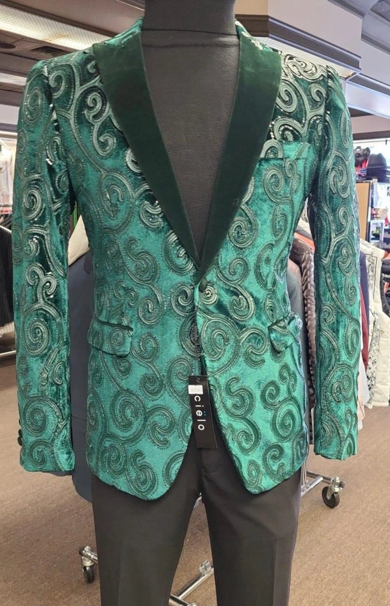 Men’s Emerald Green Paisley Tuxedo Dinner Jacket with Black Lapel, Formal Prom Wedding Party Blazer