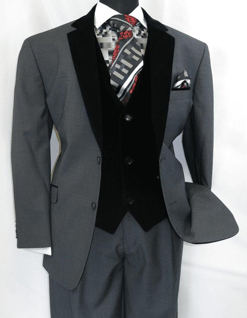 Men's Charcoal Gray 3-Piece Suit with Black Velvet Lapel Ć¢ā¬ā Formal Business and Wedding Attire - Gray Tuxedo