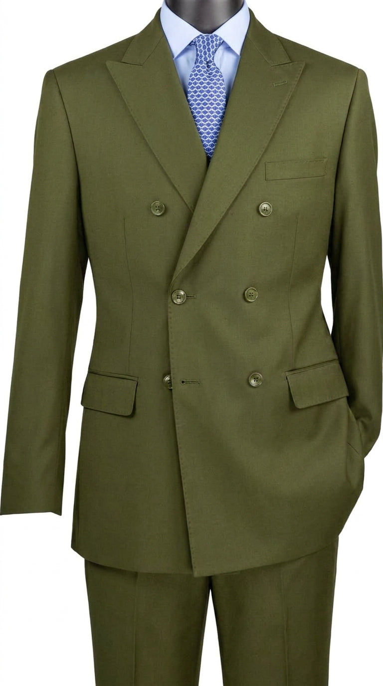 Men’s Olive Green Double-Breasted Suit – Classic Peak Lapel Wedding, Business Hunter Color