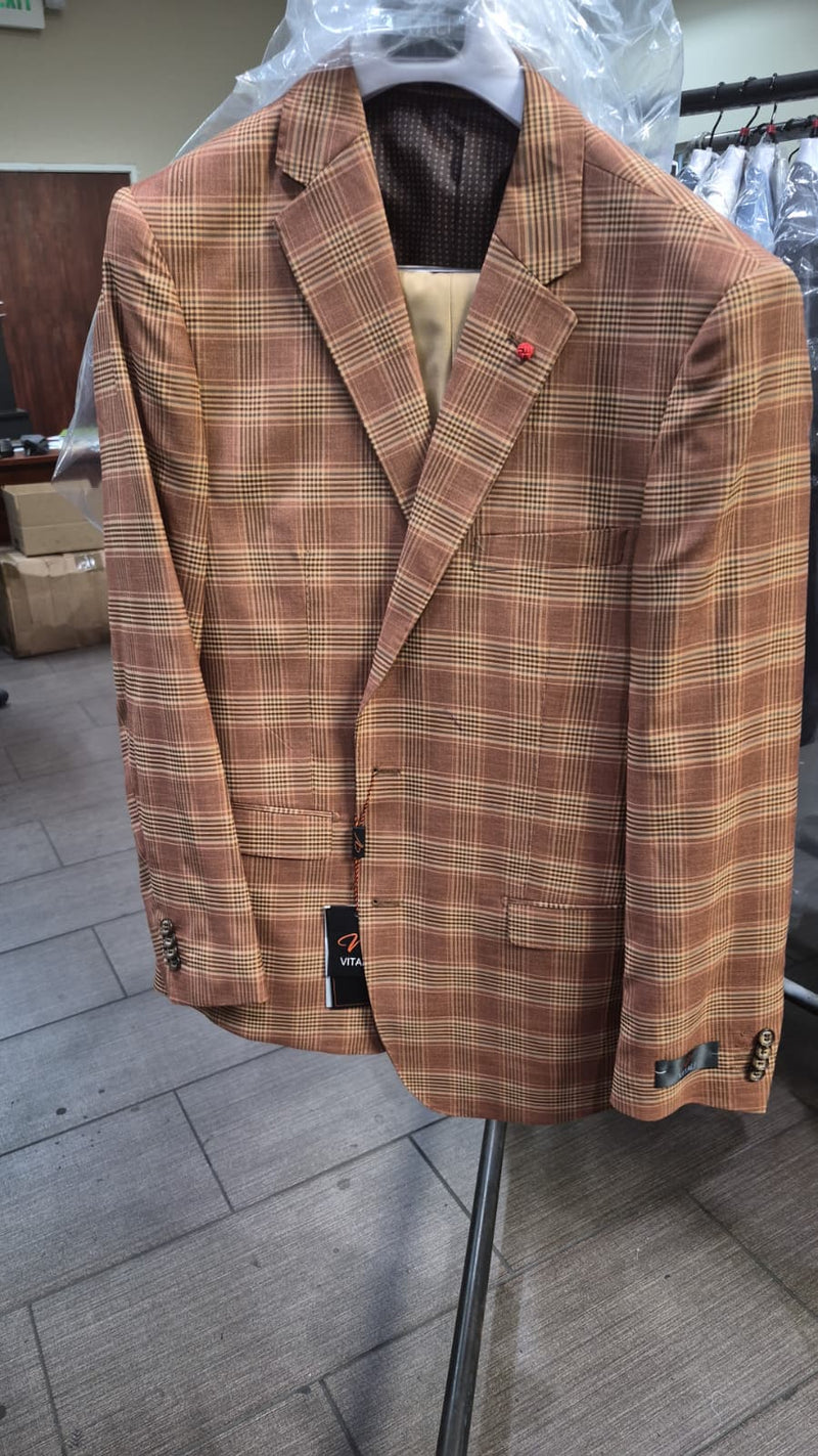 Vitali Men’s Rust Copper Brown Plaid Blazer with Tan Pants – Classic Windowpane, Business and Smart-Casual Birck color Suit
