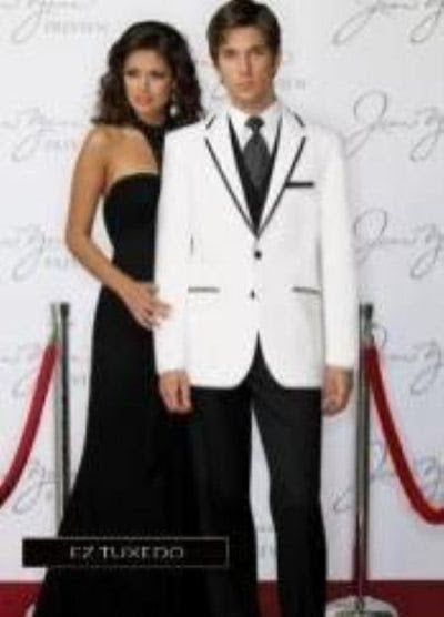 Men's white blazer with black trim. Tailored, single-breasted, notched lapel. Smooth fabric (polyester or blend) with black piping on lapels and pockets for contrast.