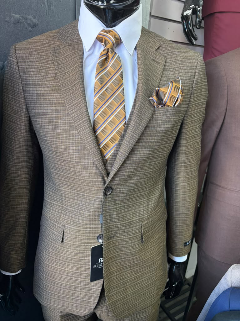 Men's Great Gatsby Brown Checker Plaid Texture 3-Piece Suit ā Classic Fit Business, Wedding & Formal Suit Set - Victorian style 1920s
